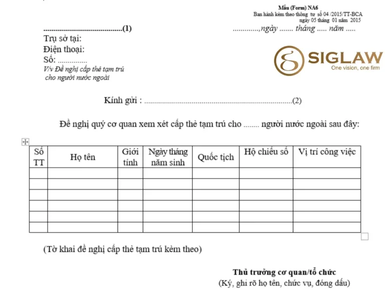 Hướng dẫn kê khai Mẫu NA6 cấp thẻ tạm trú cho người nước ngoài