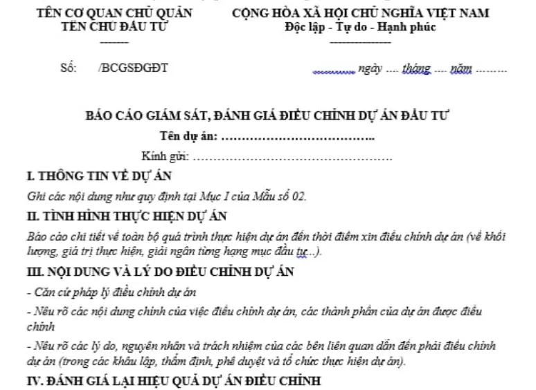 Mẫu Báo cáo giám sát đánh giá điều chỉnh dự án đầu tư