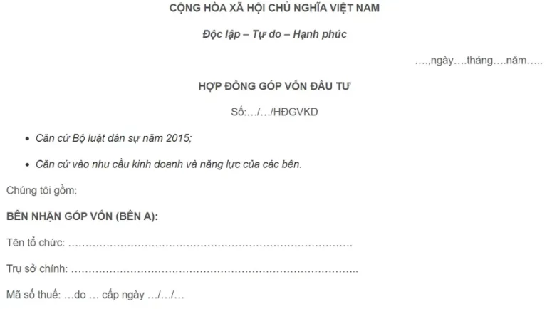 Mẫu Hợp đồng góp vốn đầu tư