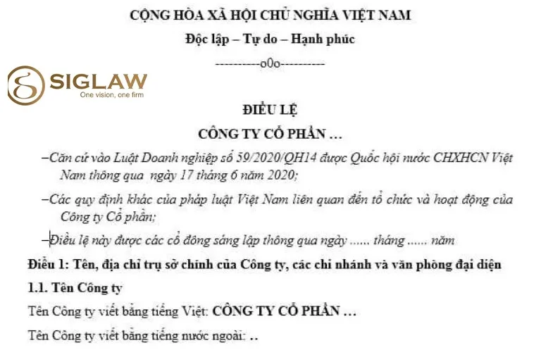 Mẫu điều lệ công ty cổ phần mới nhất 2024