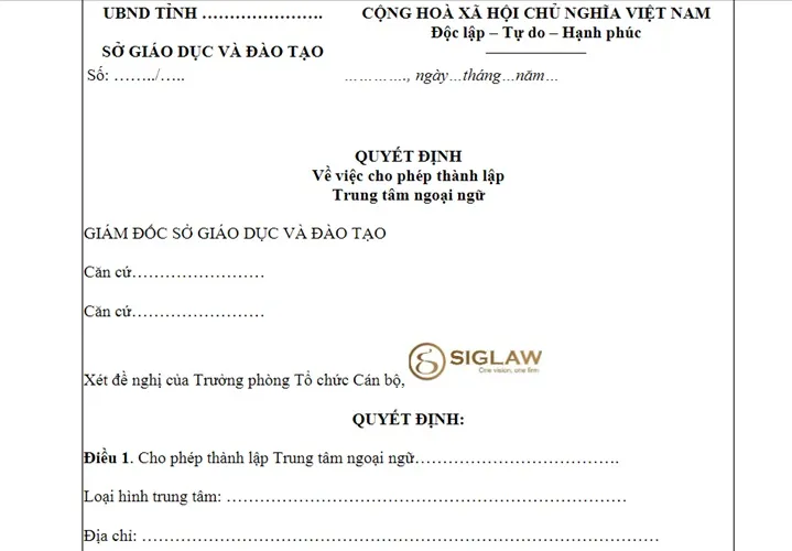 Mẫu Quyết định thành lập trung tâm ngoại ngữ