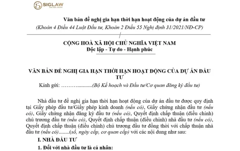 Mẫu Văn bản đề nghị gia hạn thời hạn hoạt động của dự án đầu tư