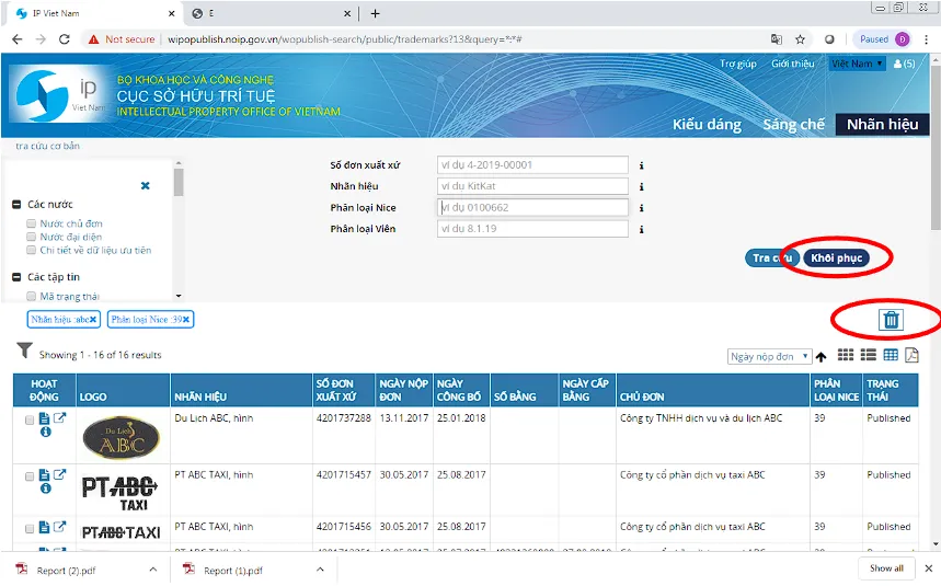 công cụ tra cứu nhãn hiệu wipopublish xóa bộ lọc